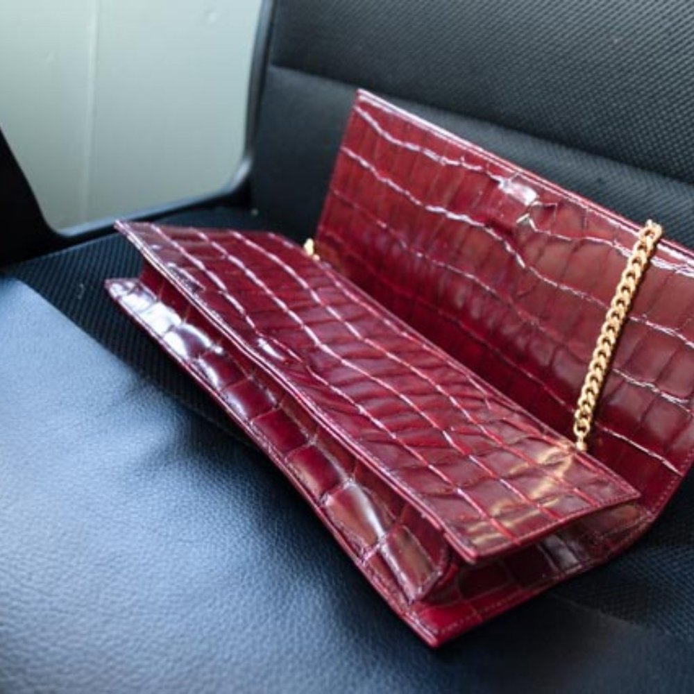 INC International Concepts Faux Leather Burgundy w. Gold Chain Baguette Clutch